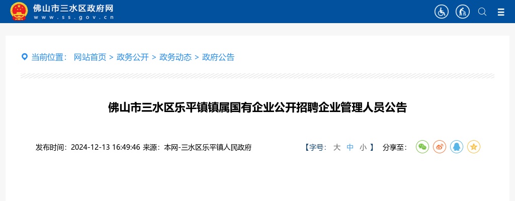 2024广东佛山市三水区乐平镇镇属国有企业招聘企业管理人员2人公告 图片